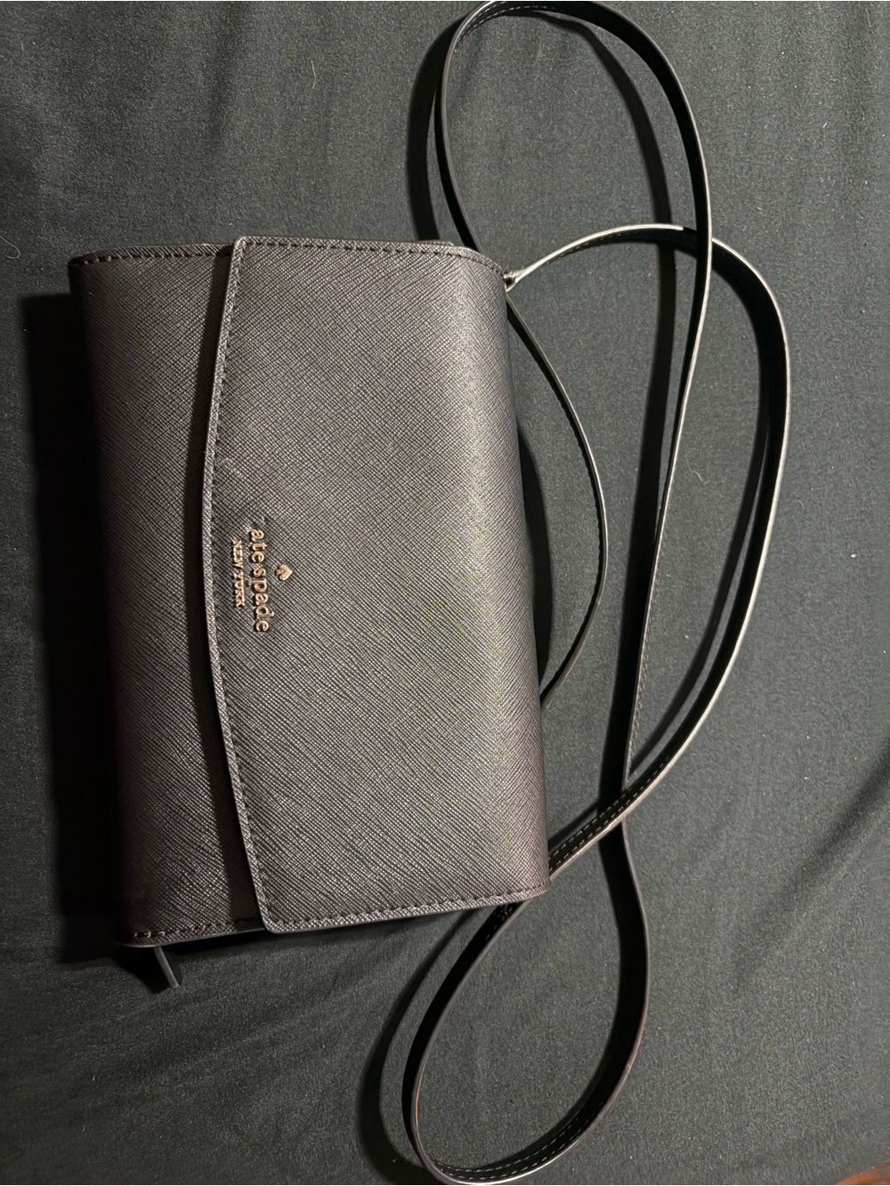kate spade Black Saffiano Crossbody Wallet with Gold Logo Accent